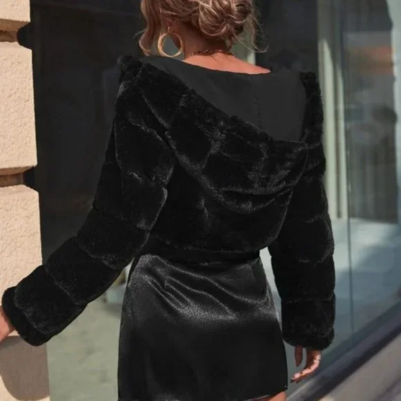 Faux Fur Hoodie Open Front coat Jacket Black - Picture 3 of 8